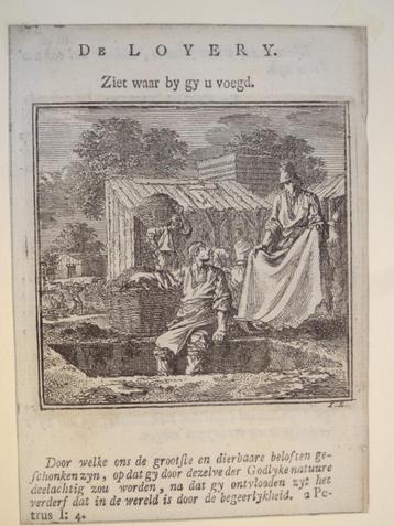 koper gravure de Loterij man in graf monogram I.L.. 18e eeuw beschikbaar voor biedingen