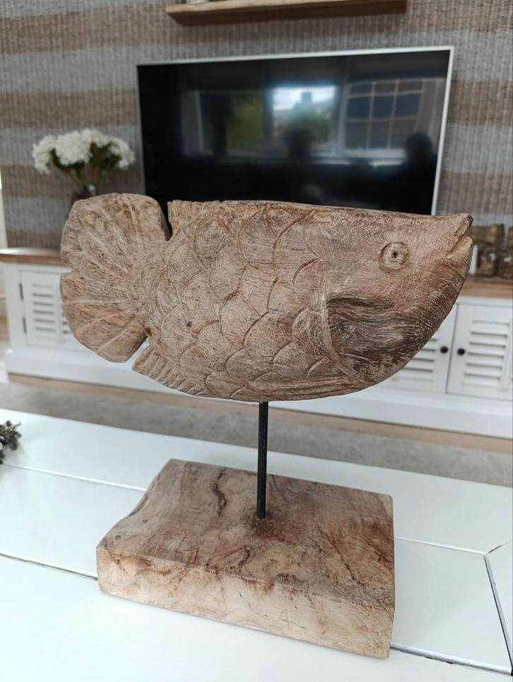 Teakhouten decoratie vis op sokkel nieuw, Huis en Inrichting, Woonaccessoires | Overige, Nieuw, Ophalen of Verzenden