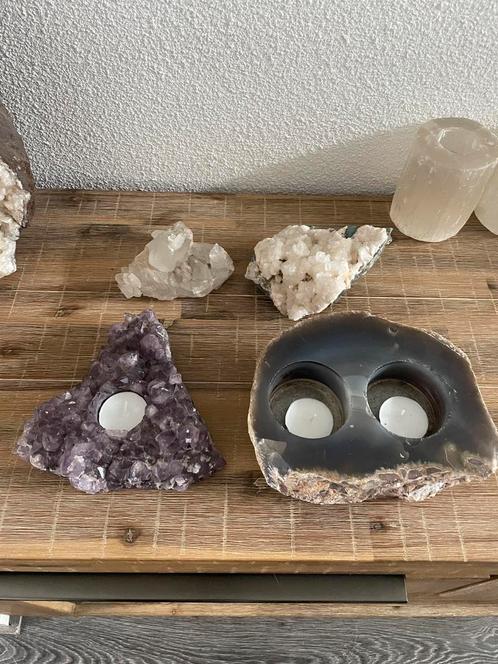 Amethist en agaat waxinehouder bergkristal en aragoniet, Verzamelen, Mineralen en Fossielen, Mineraal, Ophalen of Verzenden