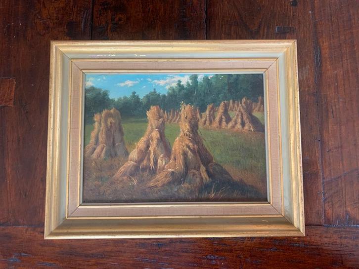 Korenschoven op het land - olie op paneel, Antiek en Kunst, Kunst | Schilderijen | Klassiek, Ophalen of Verzenden