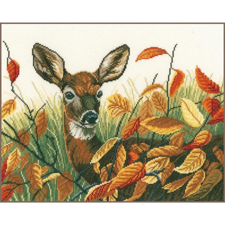 borduurpakket hert tussen herfstbladeren, Hobby en Vrije tijd, Borduren en Borduurmachines, Nieuw, Borduurpakket, Handborduren