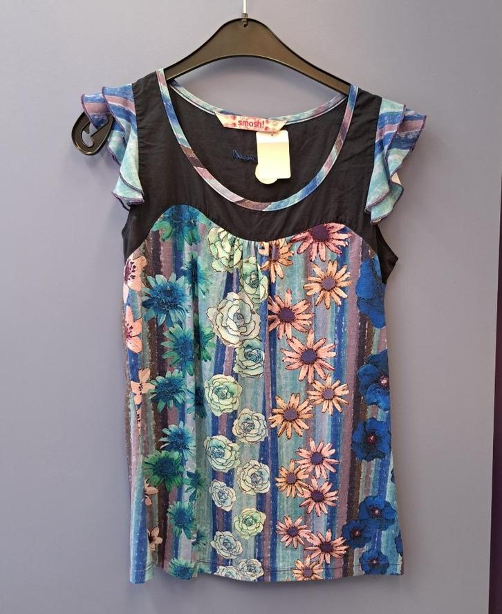 Smash top blauw lila groen bloem print mt S 37599 gratis vz, Kleding | Dames, Tops, Zo goed als nieuw, Maat 36 (S), Blauw, Korte mouw