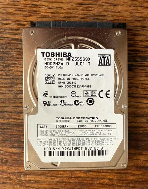 250GB Toshiba MK2555GSX 5.4K 2.5 Inch SATA Hard Drive, Computers en Software, Harde schijven, Zo goed als nieuw, Laptop, Intern