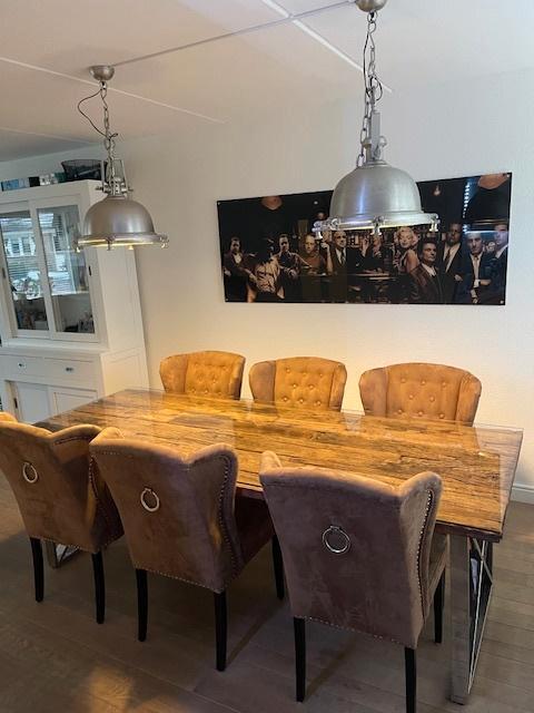 Landelijke eetkamerstoelen (gecapitonneerd), Huis en Inrichting, Stoelen, Gebruikt, Vijf, Zes of meer stoelen, Hout, Stof, Bruin