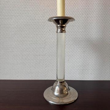 Vintage Zilverkleurige Kandelaar met Glazen Tussenstuk beschikbaar voor biedingen
