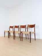 vintage set 4 Fristho papercord eetkamerstoelen, Huis en Inrichting, Stoelen, Ophalen, Bruin, Hout, Vintage