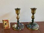 2 korte kleine koper brons kaarshouders duo setje kandelaar, Ophalen of Verzenden, Koper of Brons
