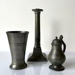 Antiek Tinnen Trio: Mosterdpot, Kandelaar & Beker, Ophalen of Verzenden