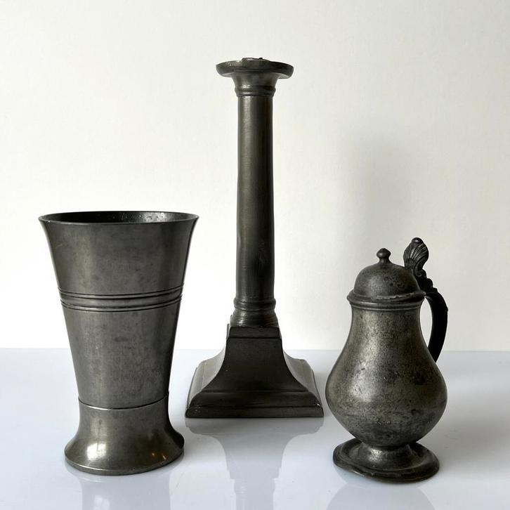 Antiek Tinnen Trio: Mosterdpot, Kandelaar & Beker, Antiek en Kunst, Antiek | Tin, Ophalen of Verzenden