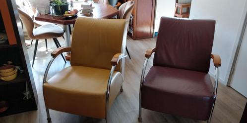 Vintage design fauteuils -dik leer met metalen frame, Huis en Inrichting, Fauteuils, Gebruikt, Leer, Metaal, 50 tot 75 cm, 75 tot 100 cm