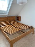 Bed-ombouw teak met verstelbare lattenbodems en nachtkastjes, 160 cm, Gebruikt, Ophalen, Tweepersoons