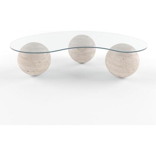 Travertin Glazen Salontafel met Bollen van Arena, Huis en Inrichting, Tafels | Salontafels, Zo goed als nieuw, Minder dan 50 cm