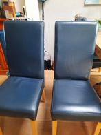 6 blauw leren eetkamerstoelen met houten poten., Huis en Inrichting, Stoelen, Ophalen, Gebruikt, Blauw