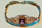 Zilver Antieke Filigrain Armband met Amethist 19cm ca 1900, Sieraden, Tassen en Uiterlijk, Antieke sieraden, Ophalen of Verzenden
