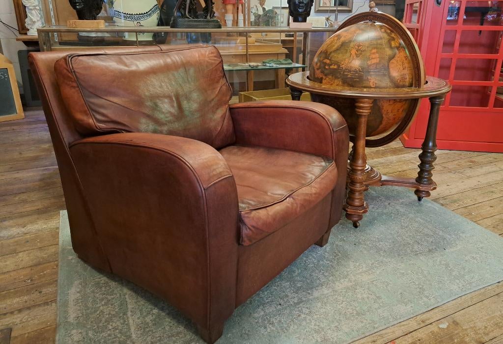 Stoer bruin lederen fauteuil echt een hele mooie blikvanger, Ophalen, Gebruikt, 75 tot 100 cm, 50 tot 75 cm