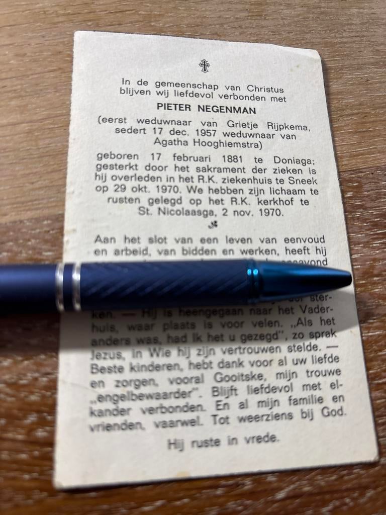 Negenman Pieter Doniaga 1970 Sneek x Rijpkema x Hooghiemstra, Ophalen of Verzenden, Bidprentje