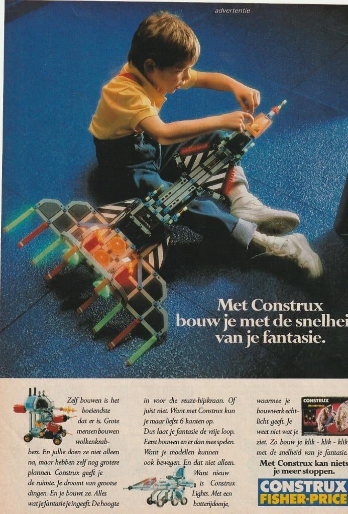 Retro reclame 1986 Fisher-Price speelgoed jongetje Construx, Verzenden, Overige typen