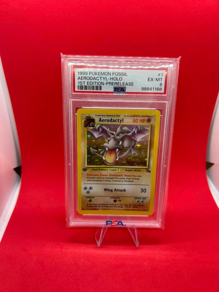 Aerodactyl 1st Edition Prerelease Holo PSA 6 – Fossil promo, Hobby en Vrije tijd, Verzamelkaartspellen | Pokémon, Ophalen of Verzenden
