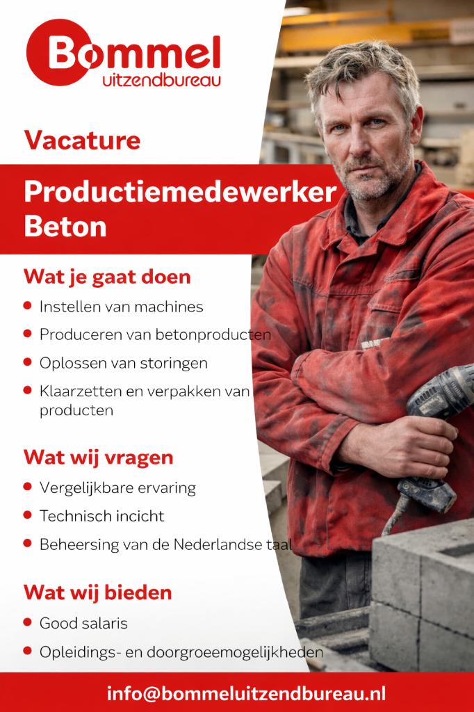 Productiemedewerker Beton, Vast contract, Vanaf 1 jaar, MBO, 33 - 40 uur
