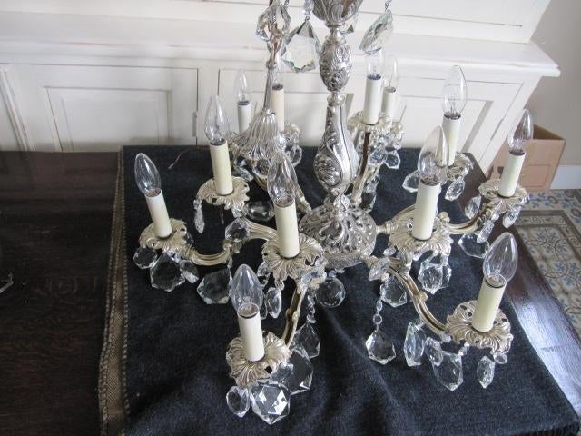 Bijzondere antieke kroonluchter zilverkleurig 12 lichtpunten, Huis en Inrichting, Lampen | Kroonluchters, Ophalen, Zo goed als nieuw