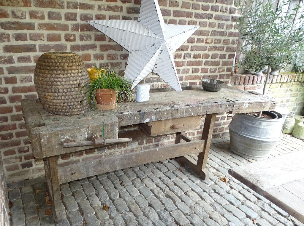 oude werkbank sitetabel werktafel met 2 bankschroeven lade, Antiek en Kunst, Curiosa en Brocante, Ophalen