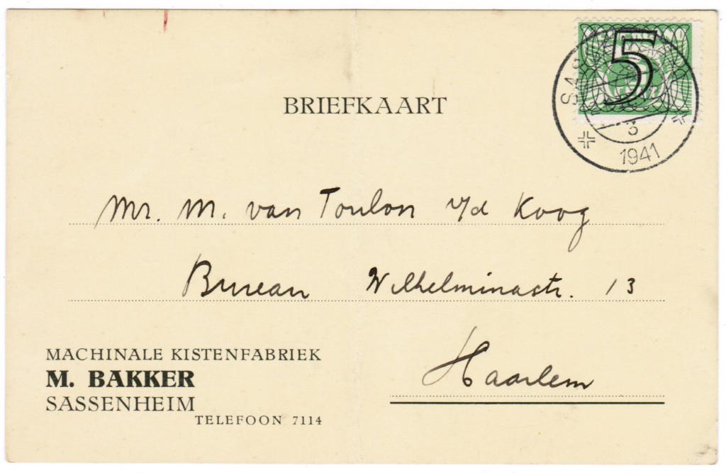 M.Bakker Kistenfabriek Sassenheim 1941, Ophalen of Verzenden, Briefkaart