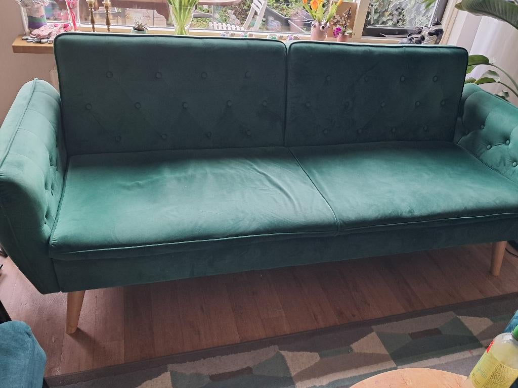 Groene slaapbank, Ophalen, Gebruikt, Driepersoons, Rechte bank