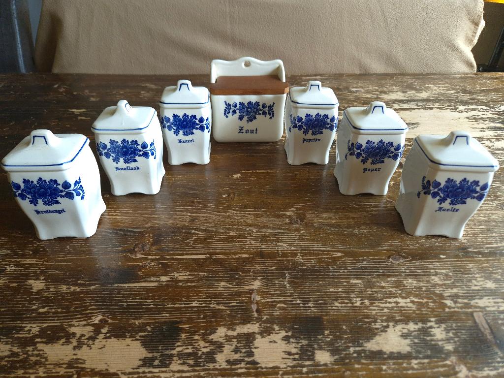 Prachtige set vintage Delfts blauwe kruidenpotjes, Ophalen, Gebruikt, Porselein, Overige typen