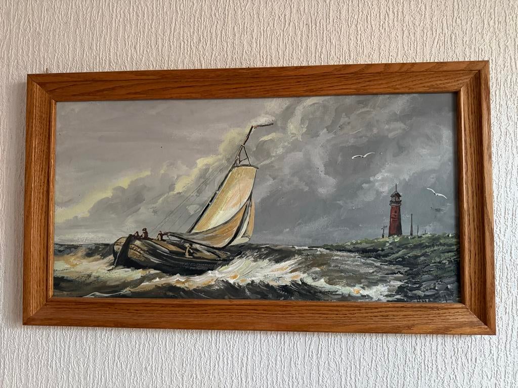 Schilderij: Zeilschip op woelige zee met vuurtoren, Ophalen