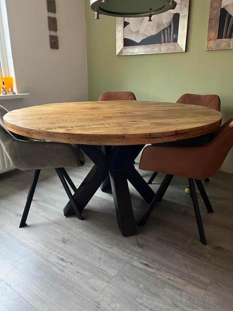 Ronde mango eettafel 140 cm - Goede conditie, Gebruikt, 100 tot 150 cm, Rond, Ophalen of Verzenden