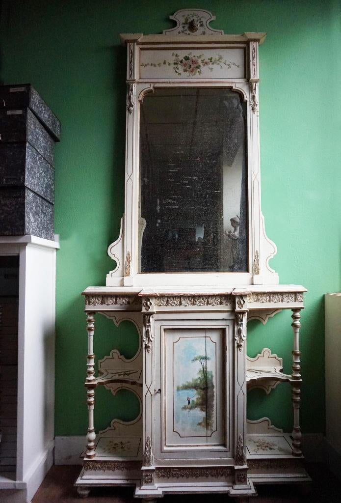 Beschilderd vintage console kastje met verweerde spiegel, Ophalen, Gebruikt, 200 cm of meer, 100 tot 125 cm