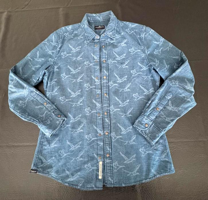 Heren overhemd spijkergoed vogels L mcGregor, Kleding | Heren, Overhemden, Zo goed als nieuw, Halswijdte 41/42 (L), Blauw, Ophalen of Verzenden