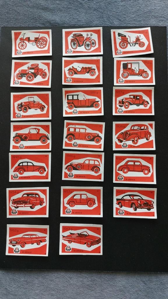 Lucifermerken Joegoslavië auo's  1 - 20  rood, Verzamelen, Verzenden, Zo goed als nieuw, Luciferdoosjes of -merken