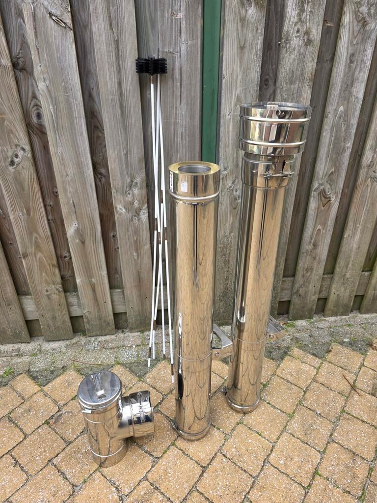 Rookkanaal/kachelpijp 80mm met T-stuk, regenkap & veegset, Ophalen, Vrijstaande haard, Houthaard