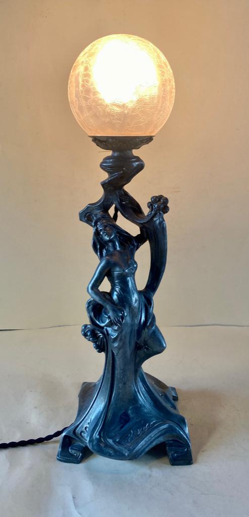 Jugendstil tinnen tafellamp, Ophalen of Verzenden