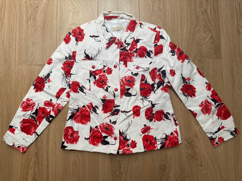 Vintage Parabol gebloemd spijkerjasje wit/rood maat 42, Kleding | Dames, Jasjes, Kostuums en Pakken, Maat 42/44 (L), Ophalen of Verzenden