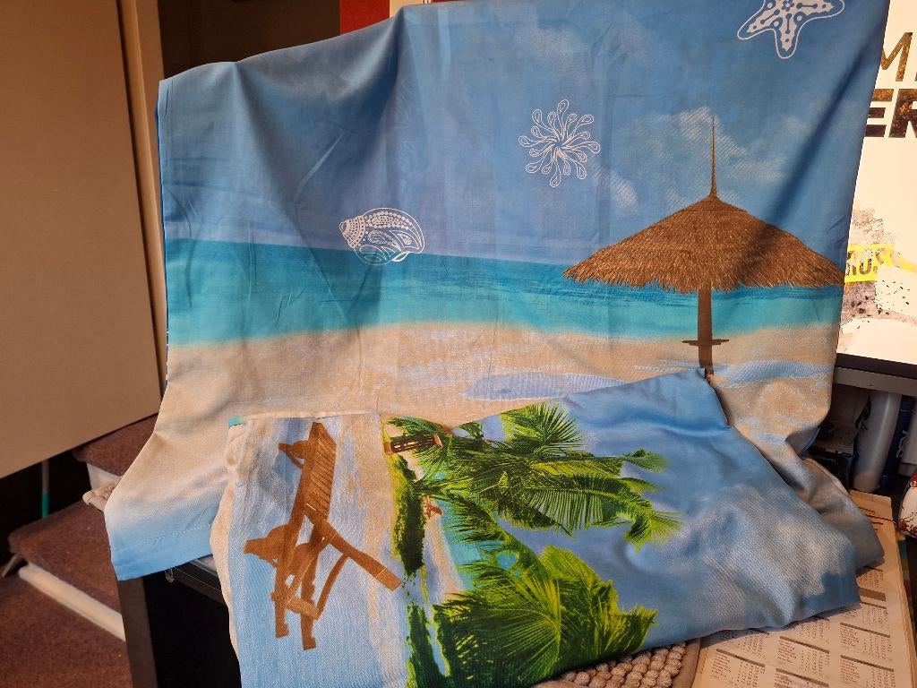 Bed overtrek Duits - blauw, wit, groen, beige - zandstrand, Gebruikt, Dekbedovertrek, Ophalen of Verzenden, Overige kleuren