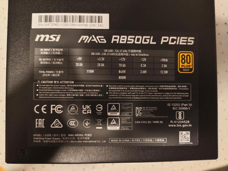 MSI MAG A850GL PCIE5 PSU, Computers en Software, Interne voedingen, Zo goed als nieuw, Ophalen of Verzenden