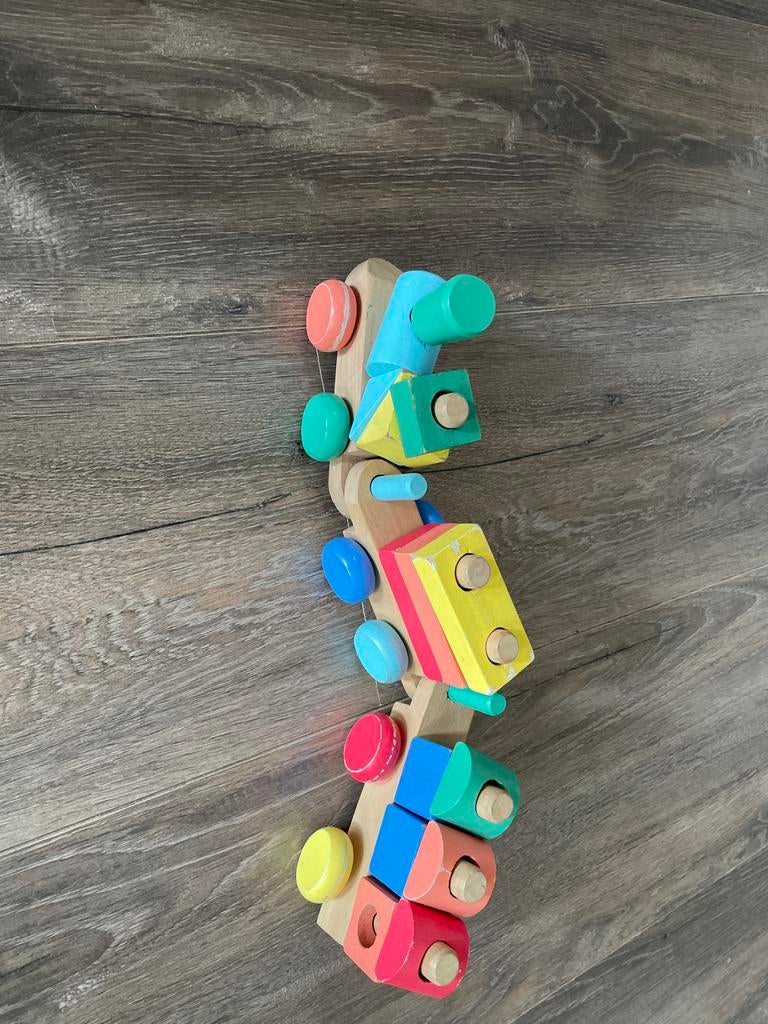 Houten trein met blokken - Kleurrijk en educatief speelgoed, Ophalen of Verzenden, Gebruikt, Duw- of Trekspeelgoed