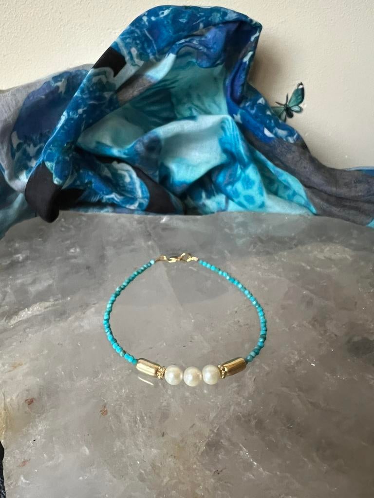 Turkoois turquoise Arizona AKOYA zoutwater parel geluk uniek, Blauw, Ophalen of Verzenden, Zo goed als nieuw, Met bedels of kralen