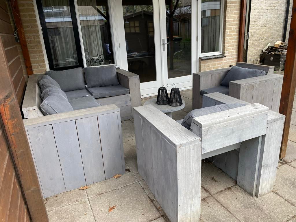 Zelfgemaakte steigerhouten loungeset. In Vriezenveen!, Ophalen, Gebruikt, 6 zitplaatsen, Steigerhout