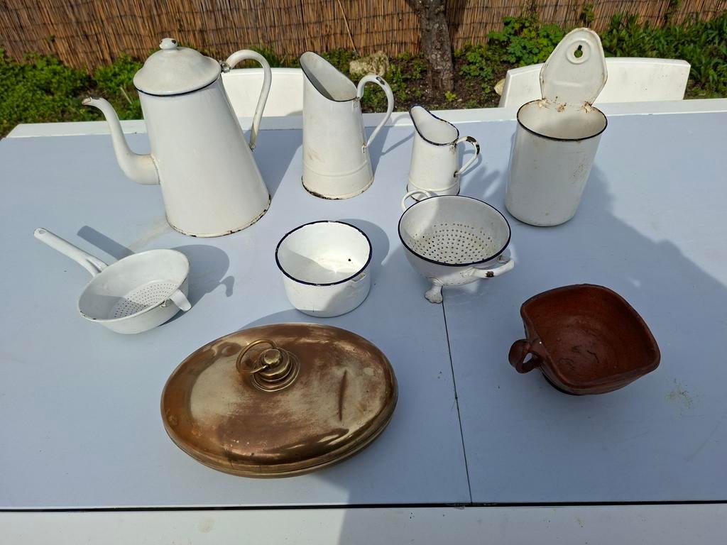 Emaille keukengerei, koperen kruik en tinnen waterkruiken, Ophalen of Verzenden