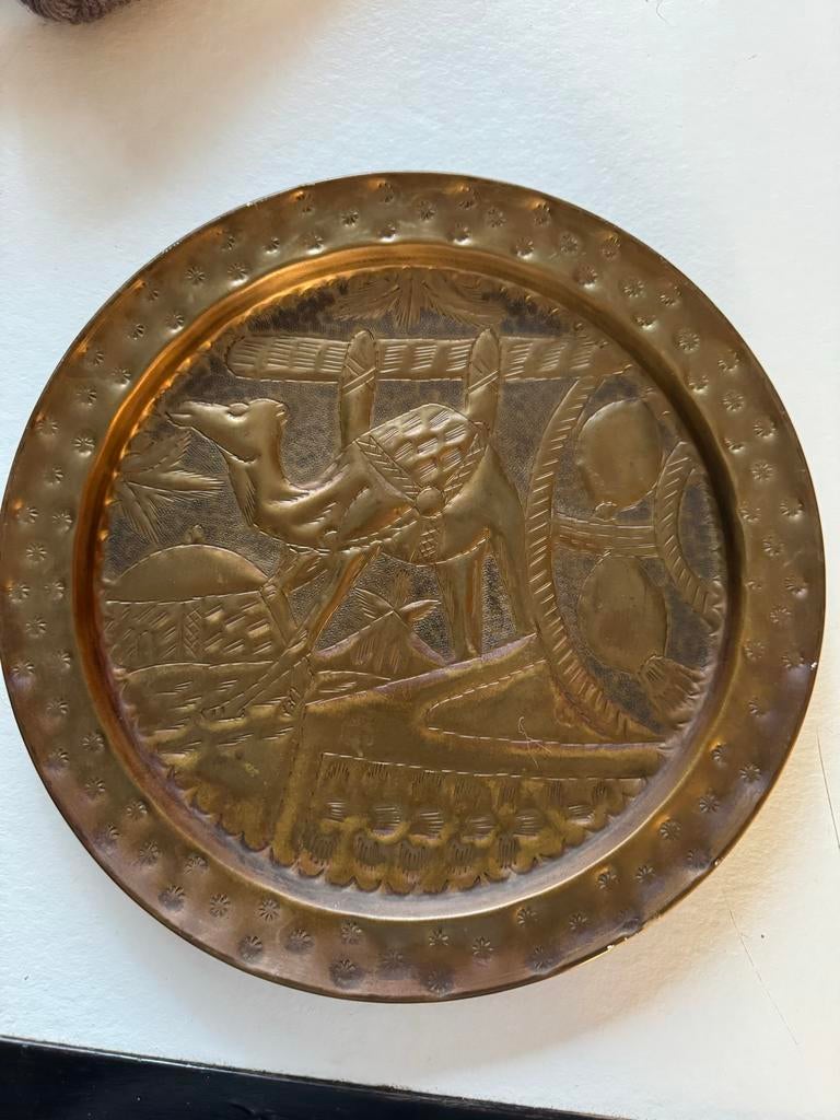 Vintage messing Schaal met Kameel en Woestijnscène, Verzenden