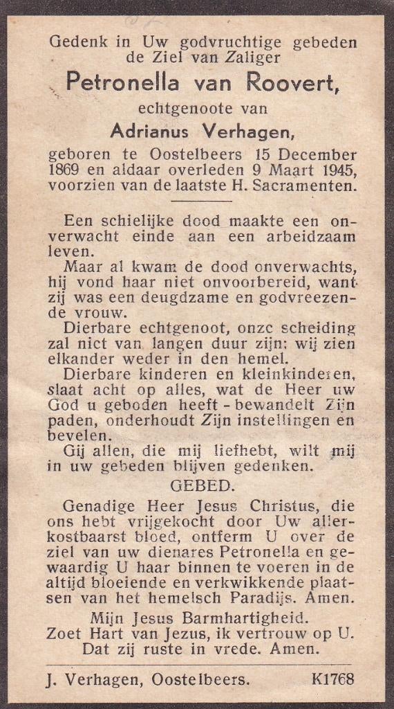 Roovert Petronella 1869 Oostelbeers 1945, Ophalen of Verzenden, Bidprentje