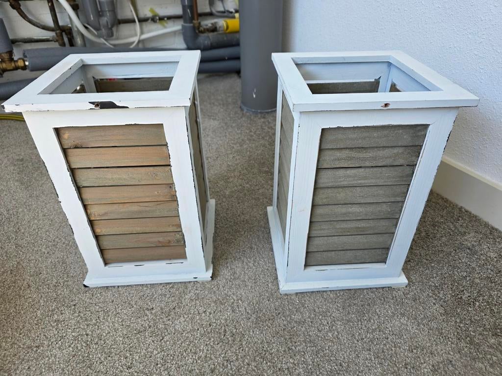 Set van 2 houten lantaarns - wit/grijs, Gebruikt, 25 tot 50 cm, Ophalen of Verzenden, Grijs