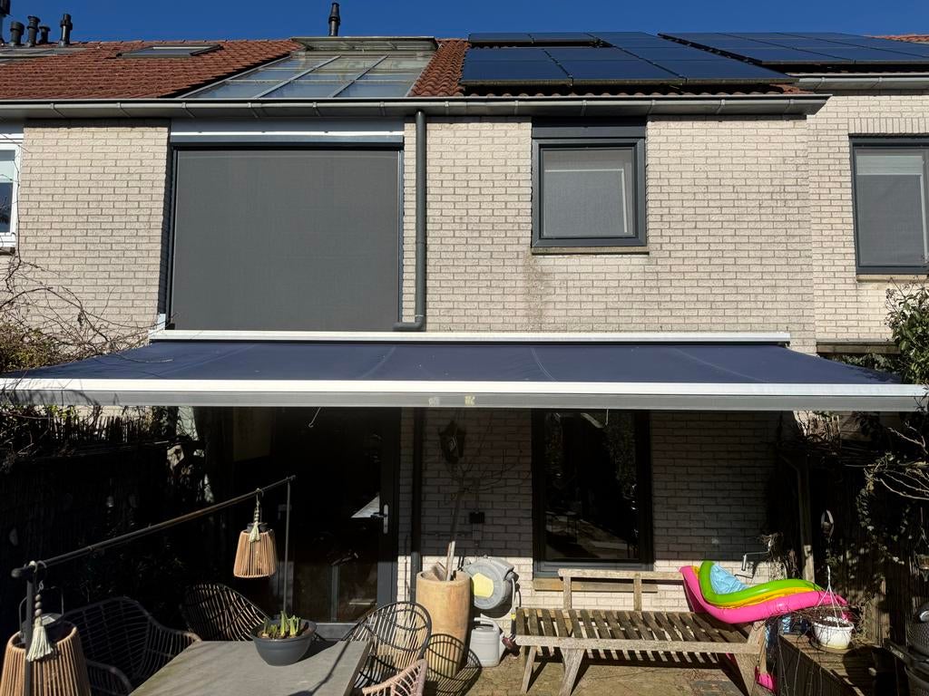 Zonnescherm Knikarmscherm - 5,4 meter, Blauw, Tuin en Terras, Ophalen, 450 cm of meer, Elektrisch, Zo goed als nieuw