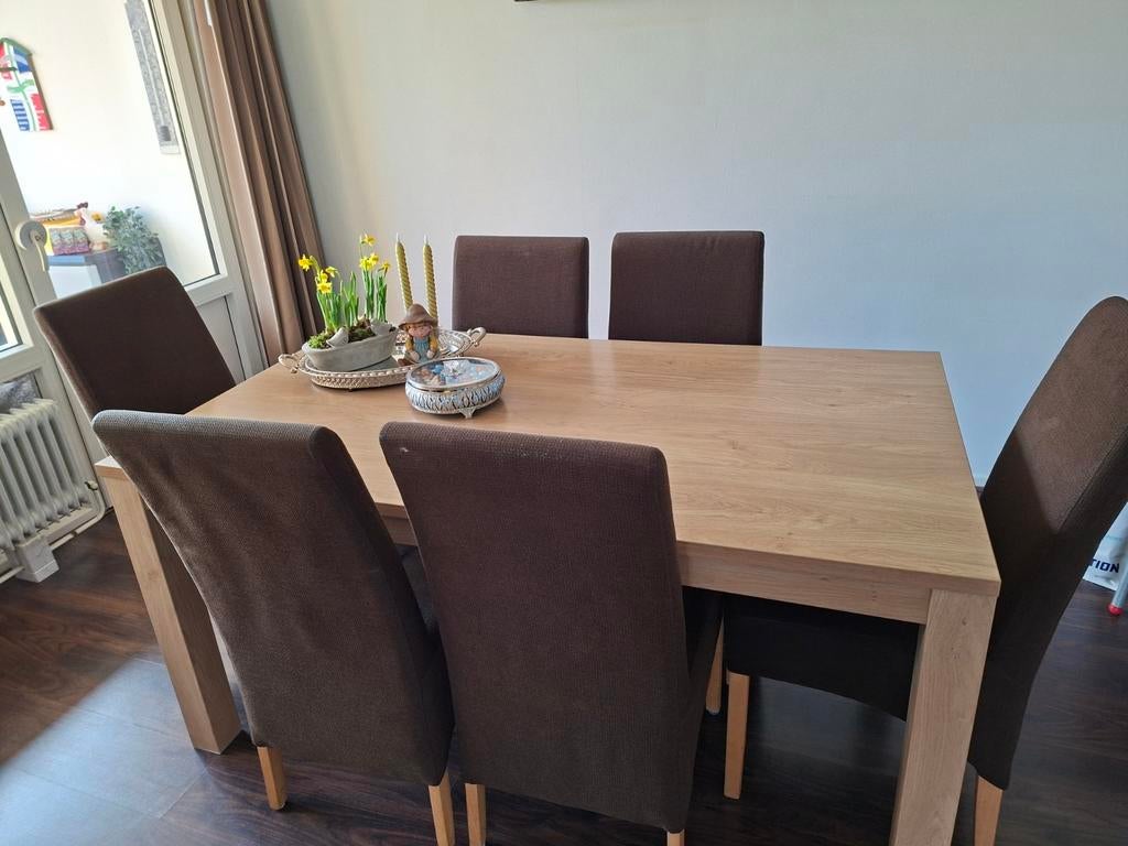 Eethoek met 6 stoelen, bruin met blauwe wasbare hoezen, Huis en Inrichting, Complete eetkamers, Ophalen of Verzenden, Gebruikt