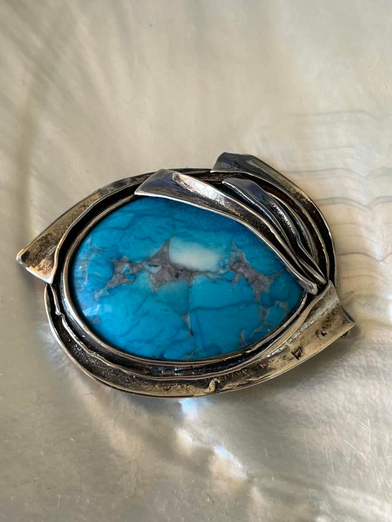 Vintage zilveren broche met turkoois steen, Sieraden, Tassen en Uiterlijk, Antieke sieraden, Ophalen of Verzenden, Zilver, Broche