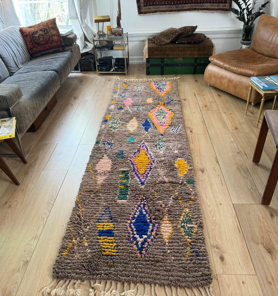 Vintage Marokkaanse loper 309 x 83 cm wol, Berber tapijt, Info@bababoho.com, Groen, Zo goed als nieuw, Rechthoekig