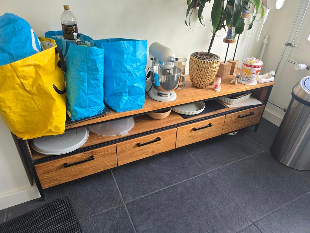 Tv meubel 200 cm massief hout, Ophalen, Teakhout, Zo goed als nieuw, 200 cm of meer